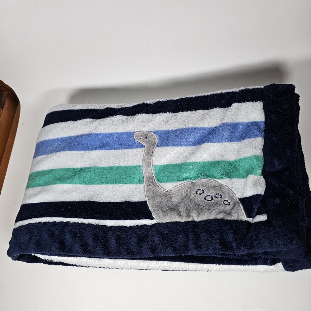 Carters Child Of Mine Navy Blue Green White Striped Dinosaur Dino Baby Blanket